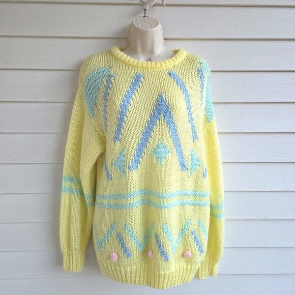 Cherry Stix Sweaters - Vintage 80s/90s oversized pale yellow sweater with oversized knit